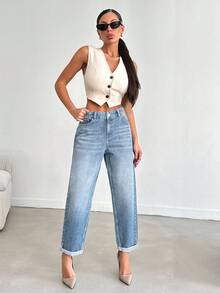 EURMUSE Jeans de novio con cintura media, bolsillos en diagonal y dobladillo plegado - Celeste - Ver 3