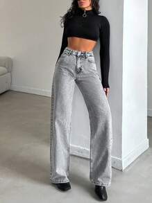 EURMUSE 100%Cotton Solid Slant Pocket Casual Wide Leg Jeans - Light Grey - View 5