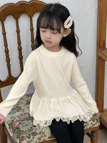 DAZY Young Girls Round Neck Ruffle Hem Loose Long Sleeve Sweater - Apricot - View 9