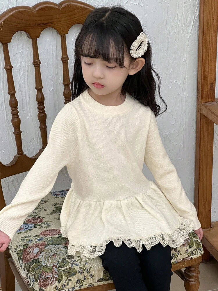 Young Girls Round Neck Ruffle Hem Loose Long Sleeve Sweater