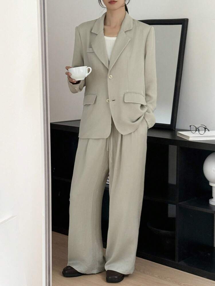 Women's Casual Commuter Solid Color Jacket And Pants Suit Business Attire