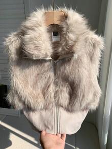 Comfortcana Women's Solid Color Zipper Front Faux Fur Vest Jacket In Fall/Winter - Brown - View 6