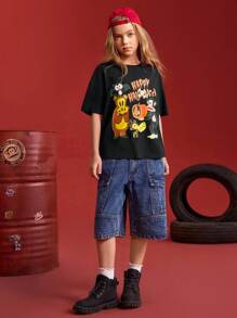 Paul Frank X SHEIN Tween Girl Halloween Cartoon Pumpkin & Bat Graphic Round Neck Loose Fit Short Sleeve Black T-Shirt - Black - View 7