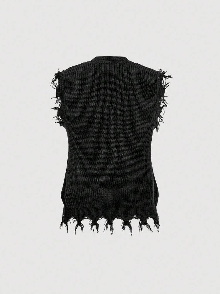 Skyraze 女士纯色V领休闲针织毛衣 - 黑色 - 查看 2