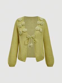 SHEIN MOD 女士手工花卉针织系带开衫，温柔华丽，适合早午餐女士、文艺复兴博览会、正式礼服、音乐会女士、茶会上衣、返校服装、女士秋冬服装 - 黃色 - 查看 2