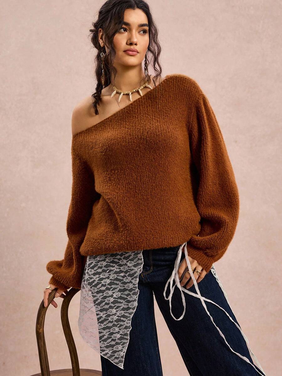Freevana Áo len cổ lệch màu trơn dáng rộng, cỡ lớn, thích hợp mặc mùa Thu/Đông cho nữ, phong cách Halloween, trang phục phương Tây, áo len Boho, áo len trễ vai, áo len phong cách Rave, áo len mùa Đông thu, phong cách Fairycore, áo len công sở, áo len dự tiệc, áo len màu cam cháy. - màu nâu - Xem 1