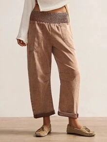 Bohemela 女士休闲纯色梭织宽松低腰裤，秋冬波西米亚风 - 棕色 - 查看 3