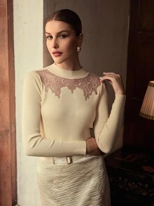 ZEYLAH Lace Embroidered Patchwork Knit Base Layer Top, Autumn/Winter - White - View 6