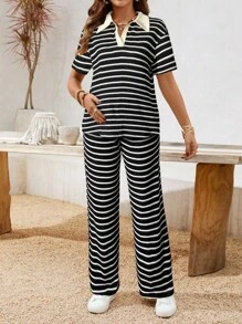 Boho Mama 2 piezas Conjunto de top de manga corta y pantalones a rayas casual de maternidad - Blanco y Negro - Ver 3
