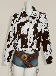 SHEIN ICON Fall/Winter Women's Western Boho Cow Print Zip Front Cropped Long Sleeve Jacket - Multicolor - View 9
