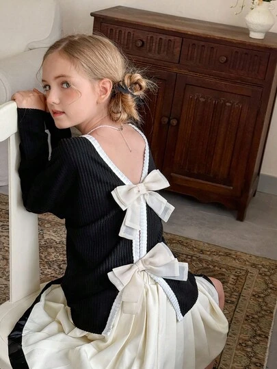 LMoss Kids Conjunto de niña preadolescente LMoss con camiseta casual con adorno de lazo y ribete de contraste en negro y blanco para otoño e invierno, blusas de manga larga para invierno