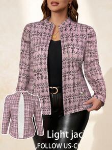 Chikora 大码女式金属扣装饰粗花呢纹理夹克，优雅百搭，适合日常休闲、商务、通勤、秋冬季穿着。