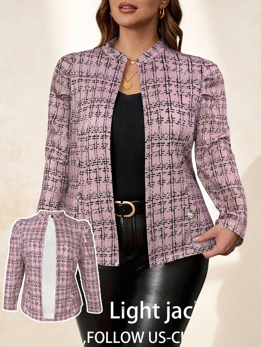 Chikora 大码女式金属扣装饰粗花呢纹理夹克，优雅百搭，适合日常休闲、商务、通勤、秋冬季穿着。