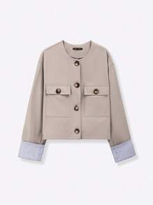 SHEIN EZwear 秋季女装 Old Money 秋季风衣 女士卡其色梭织短款风衣 短款夹克 女士夹克 女士西装外套 - 卡其色 - 查看 2