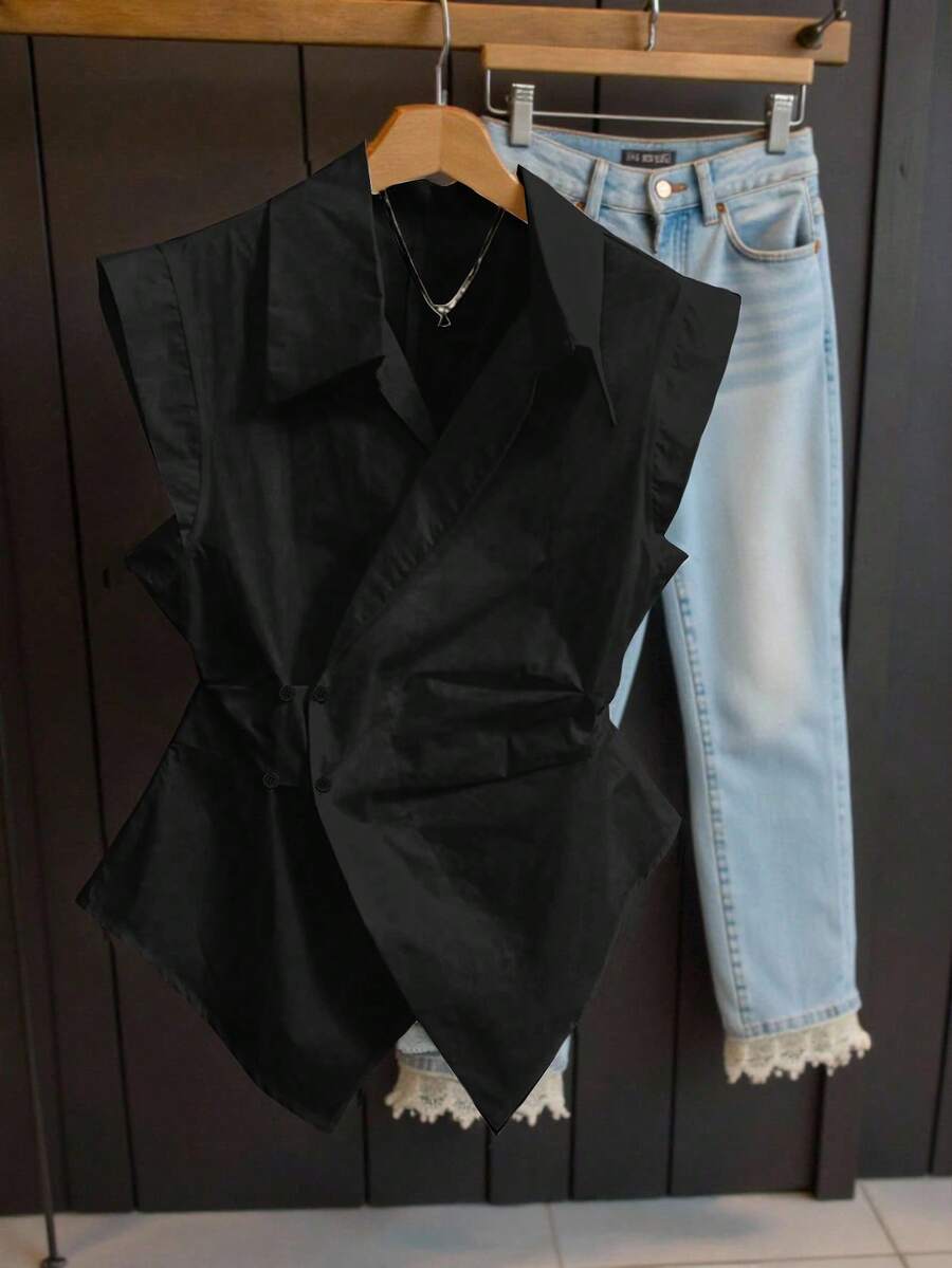 INAWLY 女式标准尺码纯色简约无袖休闲衬衫 - 黑色 - 查看 1