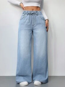 SHEIN PETITE 女士蓝色牛仔裤夏季阔腿裤舒适松紧腰带口袋夏季休闲装 - 淺色水洗藍 - 查看 3
