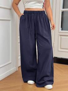 SHEIN EZwear 大码女式纯色抽绳腰阔腿休闲棉质裤 - 藏蓝色 - 查看 4