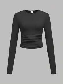 SHEIN Girlism Set de 3 camisetas de manga larga de cuello redondo y unicolor con pliegues casuales para adolescentes chicas