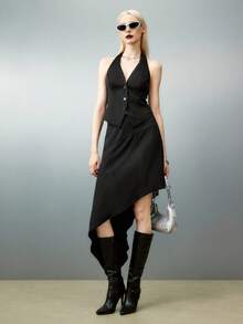 Airlisse 女士时尚露背花卉装饰上衣 + 不对称下摆半身裙 2 件套 - 黑色 - 查看 5