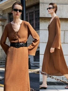 Lumivelle 婚礼宾客礼服 秋季连衣裙 秋季女装 V领系带仿珍珠装饰喇叭袖连衣裙 美拉德风格休闲装 春季大学服装 - 棕色 - 查看 9