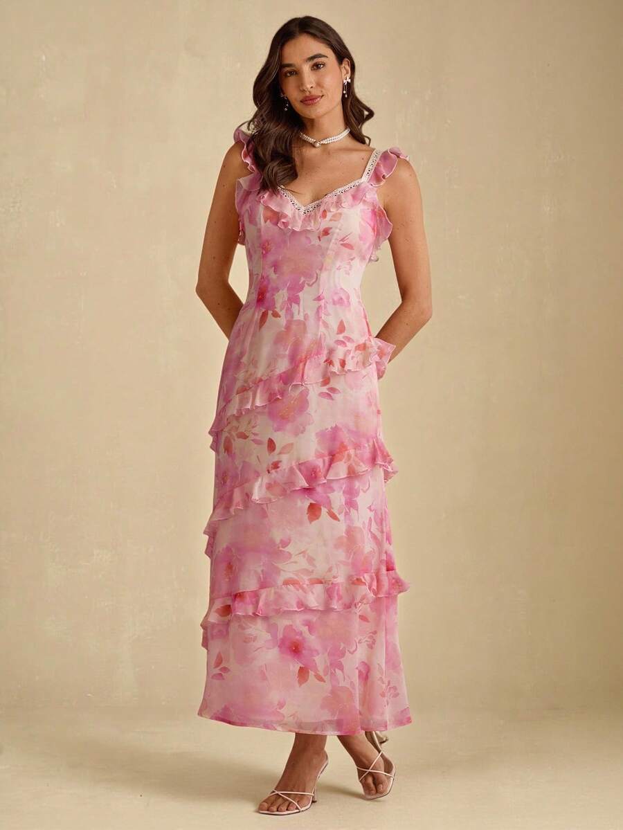 Enchnt 女士休闲浪漫优雅荷叶边修腰无袖连衣裙 - 粉色 - 查看 1