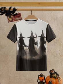 Manfinity NXTstreet Men's Casual Knit Halloween Witch With Hat Pattern Print Slim Fit Crew Neck Short Sleeve T-Shirt, 2000s Style - Multicolor - View 1