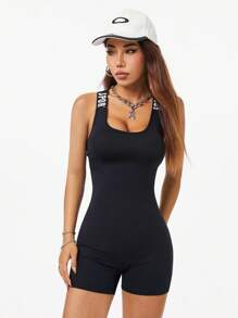 Coolane 女式露背紧身连体裤，饰有“Sport”字母罗纹饰边 - 黑色 - 查看 6