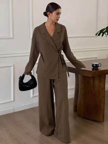 Livesso 秋冬新款宽松休闲蝴蝶结西装两件套女式家居服套装 - 咖啡棕 - 查看 5