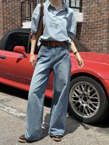 DAZY 新款宽松休闲破洞牛仔女衬衫，秋季女式夹克，秋季女装 - 藍色 - 查看 4