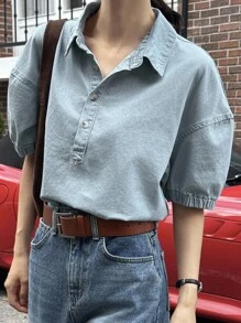 DAZY 新款宽松休闲破洞牛仔女衬衫，秋季女式夹克，秋季女装 - 藍色 - 查看 5