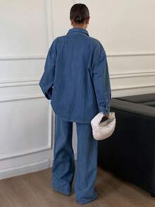 Livesso 秋冬新款宽松休闲纯色复古设计女式牛仔两件套 - 藍色 - 查看 2