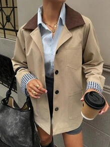 Livesso Women's Casual Contrast Color Windbreaker Jacket, Regular Fit, Autumn,Fall Women Clothes - Khaki - View 4