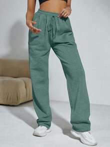 Flirla Quần nỉ ống đứng dáng rộng màu trơn có dây rút túi eo dành cho nữ - Màu xanh Bạc hà - Xem 1