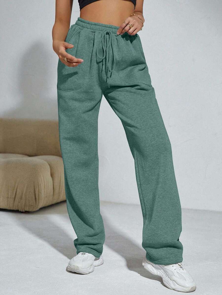 Flirla Quần nỉ ống đứng dáng rộng màu trơn có dây rút túi eo dành cho nữ - Màu xanh Bạc hà - Xem 1