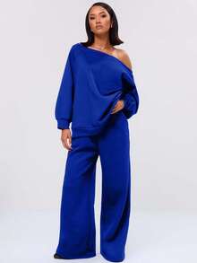 EURMUSE Loose Fit Asymmetrical Shoulder Sweatshirt Long Sleeve Tops - Royal Blue - View 4