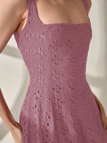 CLARA VERO Elegant Solid Color Hollow Embroidery Sleeveless Dress, Summer - Dusty Pink - View 7
