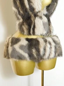 Mistrie Bộ váy ngắn lưng thấp bằng vải lông giả gợi cảm mới dành cho nữ, phù hợp cho lễ Halloween, tiệc tùng và tụ tập. - màu nâu - Xem 5