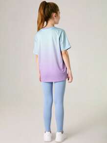 SHEIN Tween Girls 2pcs Set T-Shirt + Leggings, Yoga, Running, Workout Elastic Colorful Campus Street Fashion Sportswear - Blue - View 2