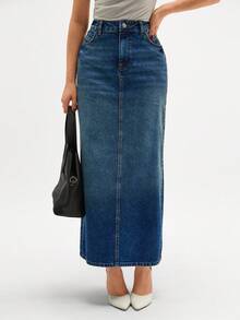Váy midi denim dáng suông rộng rãi, thoải mái, có túi dành cho nữ, chân váy, váy ngắn - Xanh đậm - Xem 7
