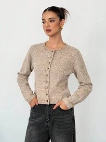 SHEIN Tall Autumn And Winter Women's Khaki Round Neck Long Sleeve Single-Breasted Casual Short Wool Knit Thick Cardigan, Short Jumper, Cute Jumper, Fall Women Clothes, Going Out Tops, Business Casual Woman, Fall Sweaters, Office Attire, Basic Sweaters,Fall Clothes For Women,Chic Blouse For Women,Long Sleeve Going Out Top,Elegant,Civil Wedding,Wedding Guest , Party
