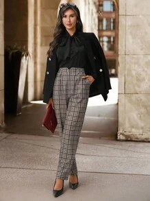 SHEIN Clasi 女士高腰格子复古英伦风格西装裤，带口袋，适合日常通勤和多种场合，秋季 - 彩色 - 查看 4