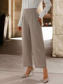 SHEIN Clasi Women's Lace Textured Straight Leg Pants, Faux Linen Deep Khaki Color, Elegant For Daily Wear And Commuting, Autumn/Winter - Khaki - View 6