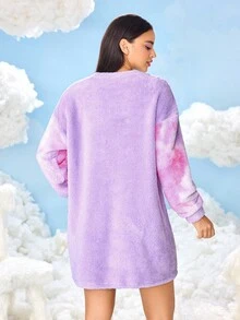 SHEIN X Care Bears Women's Bear Embroidered Crew Neck Long Sleeve Winter Nightgown, Fall - Purple - View 2