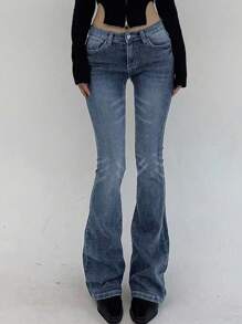 DAZY 女式修身低腰喇叭腿长牛仔裤，四季皆宜 - 淺藍色 - 查看 4