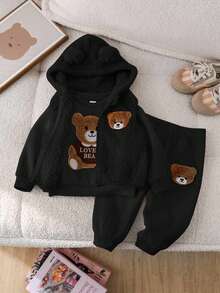 SHEIN 3pcs/Set Baby Girl Cute Black Furry Cartoon Pattern Hooded Vest Sweatshirt & Elastic Waist Pants Outfit, Autumn/Winter, Thermal Lined Fall - Black - View 5