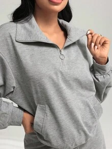 Modelyn 2 件套女士秋冬运动半拉链领运动衫和休闲宽松裤套装 - 深灰色 - 查看 6