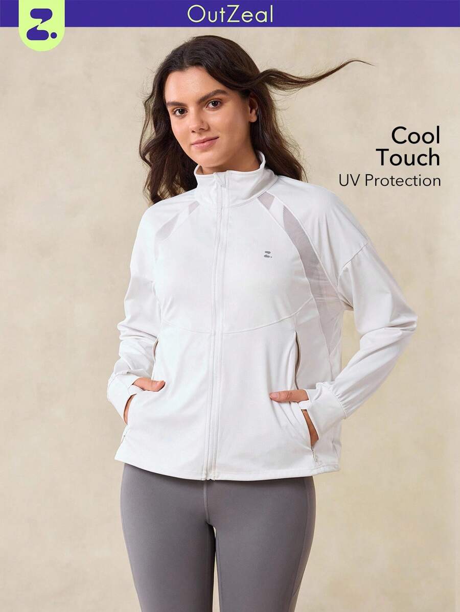 OutZeal 女士防紫外线 UPF50+ 凉爽触感透气网眼防晒夹克日常休闲 - 白色 - 查看 1