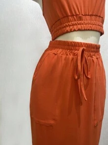 SHEIN Solid Crop Tank Top & Split Thigh Skirt - Orange - View 5