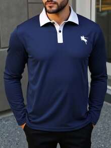 Manfinity Homme 秋季大码男士休闲撞色领长袖 Polo 衫 - 藏蓝色 - 查看 3