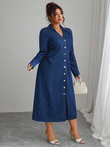 Elenzga Plus Size Women Long Sleeve Single-Breasted Casual Denim Dress
